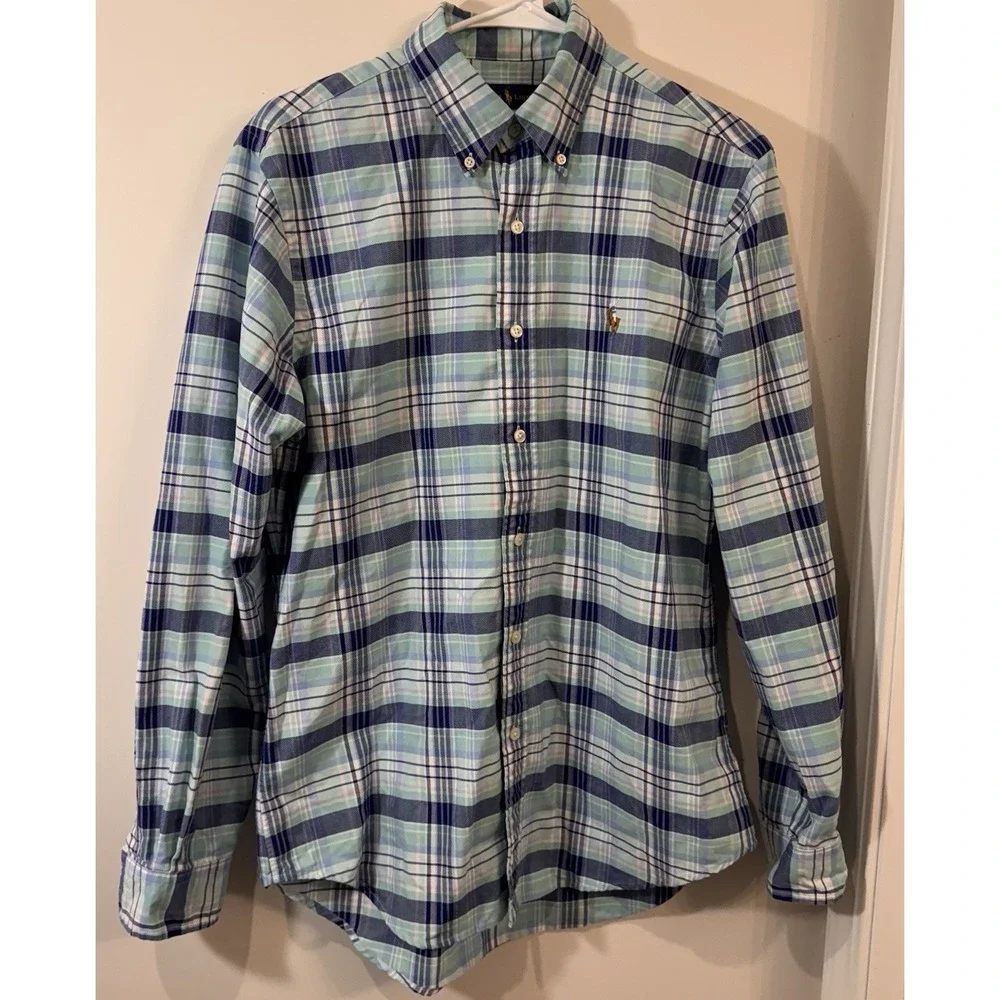 Ralph Lauren Men's Medium‎ Teal Blue Plaid Tartan Button Up